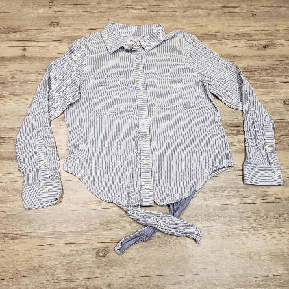 Madewell Shirt Womens Medium Blue Striped Long Sleeve Button Front Tie Waist